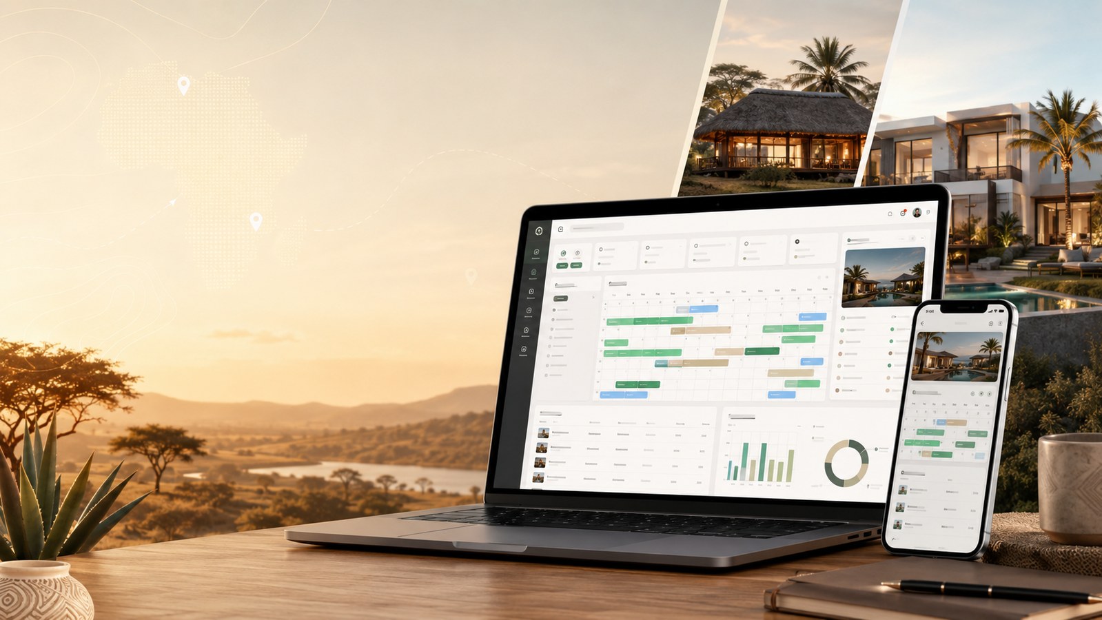 African Nomad accommodation management software dashboard shown on laptop and mobile devices